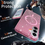 Samsung Galaxy S26+ (Plus) EIDERWOOD Magnetic Plastic Glitter Case with Screen Protector Glass – MagSafe Compatible – Transparent / Pink
