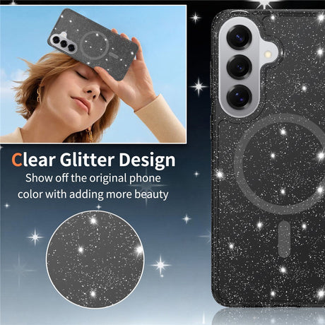 Samsung Galaxy S26+ (Plus) EIDERWOOD Magnetic Plastic Glitter Case with Screen Protector Glass – MagSafe Compatible – Transparent / Black