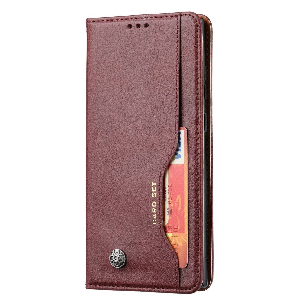 Samsung Galaxy S23 Ultra Glossy Leather Flip Case w. 3 Card Holders and Front Pocket - Wine Red