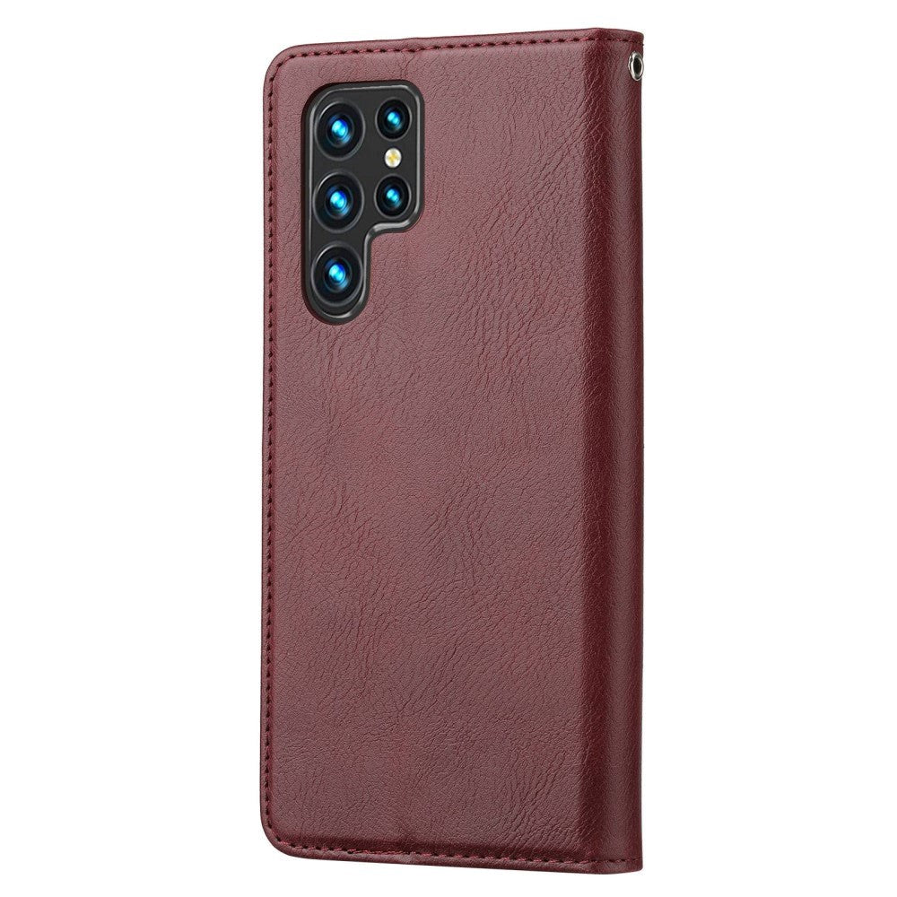 Samsung Galaxy S23 Ultra Glossy Leather Flip Case w. 3 Card Holders and Front Pocket - Wine Red