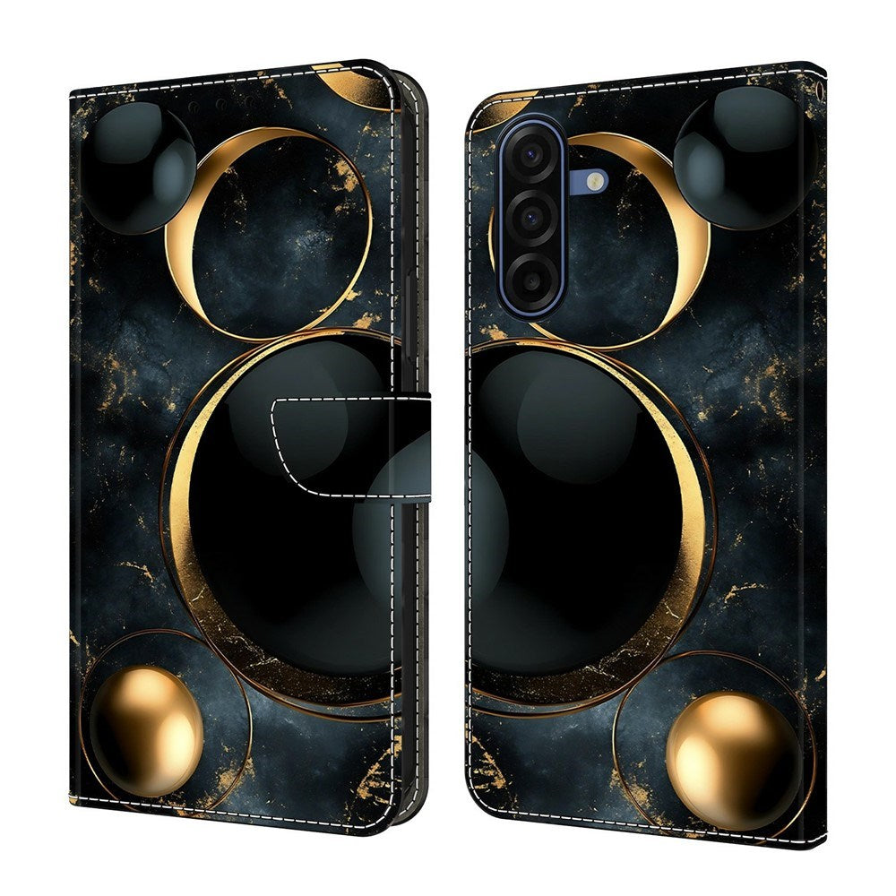 Samsung Galaxy A57 EIDERWOOD Faux Leather Case with Built-in Card Holder & Stand Function - Gold Rings