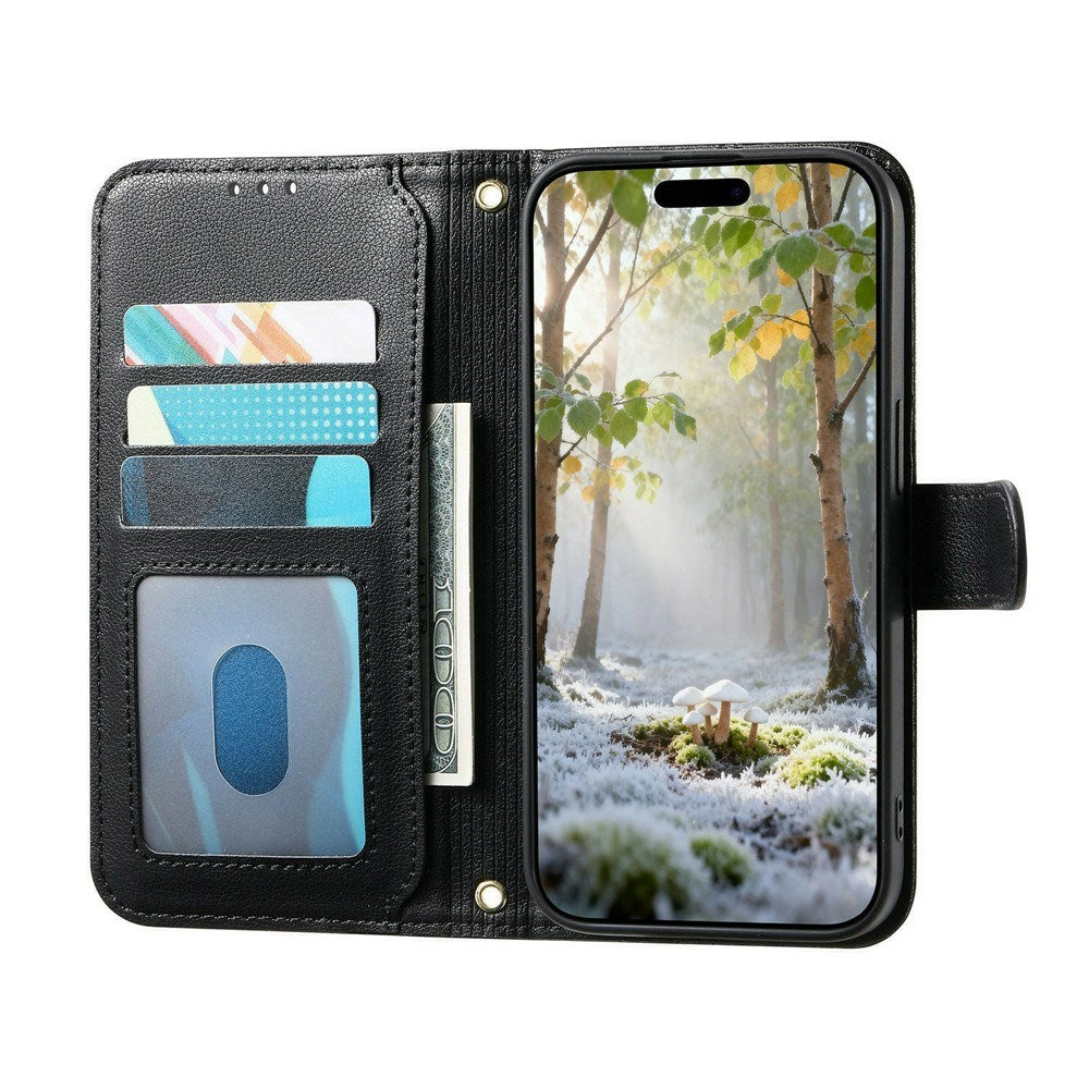 iPhone 18 Pro / 17 Pro EIDERWOOD Faux Leather Flip Case with Texture & Strap - Black