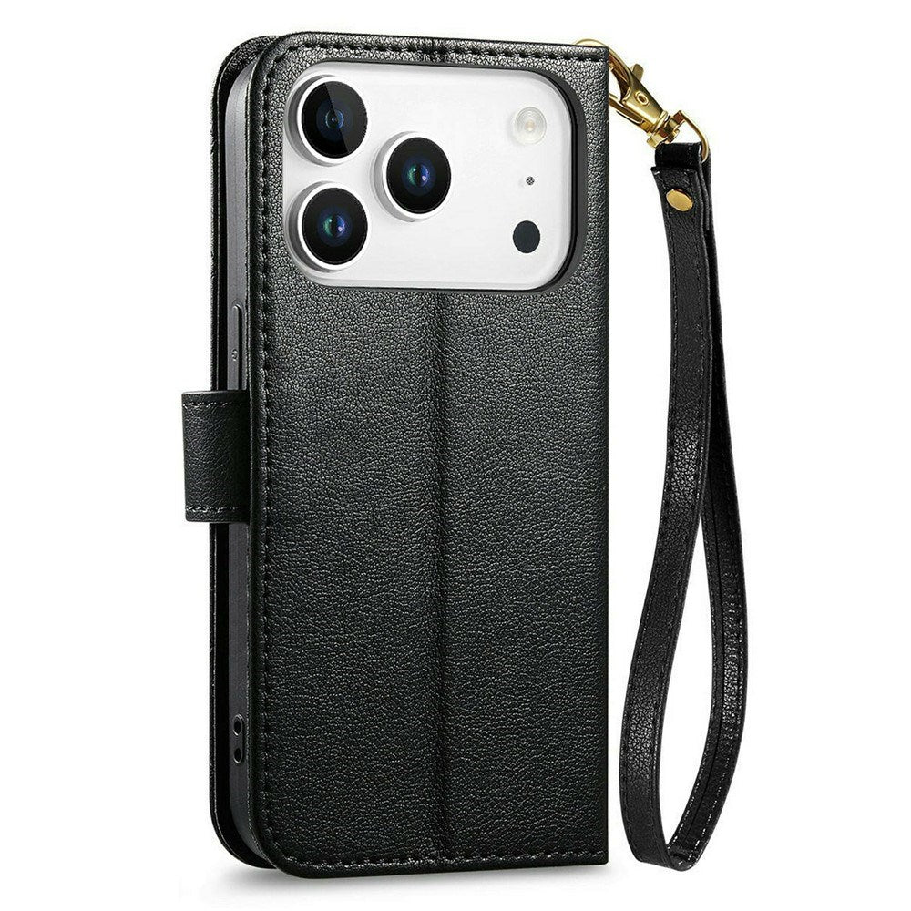 iPhone 18 Pro / 17 Pro EIDERWOOD Faux Leather Flip Case with Texture & Strap - Black
