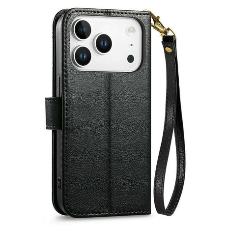 iPhone 18 Pro / 17 Pro EIDERWOOD Faux Leather Flip Case with Texture & Strap - Black