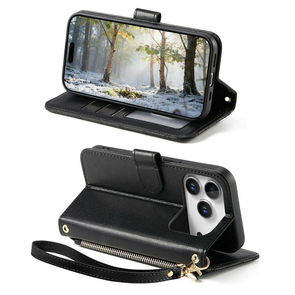 iPhone 18 Pro / 17 Pro EIDERWOOD Faux Leather Flip Case with Texture & Strap - Black