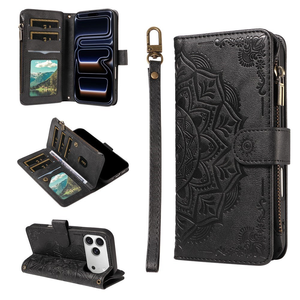 iPhone 17 Pro EIDERWOOD Flip Case with 9 x Card Holder - Zipper Pocket - RFDI Blocking - Strap - Black