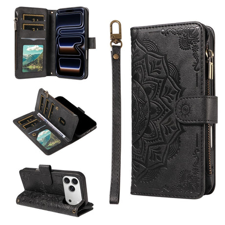 iPhone 17 Pro EIDERWOOD Flip Case with 9 x Card Holder - Zipper Pocket - RFDI Blocking - Strap - Black