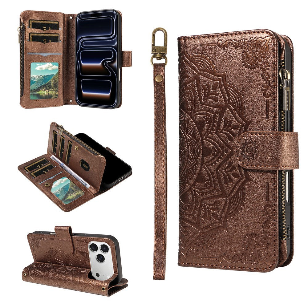 iPhone 17 Pro EIDERWOOD Flip Case with 9 x Card Holder - Zipper Pocket - RFDI Blocking - Strap - Brown