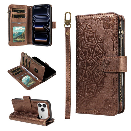 iPhone 17 Pro EIDERWOOD Flip Case with 9 x Card Holder - Zipper Pocket - RFDI Blocking - Strap - Brown