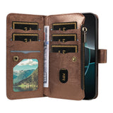 iPhone 17 Pro EIDERWOOD Flip Case with 9 x Card Holder - Zipper Pocket - RFDI Blocking - Strap - Brown