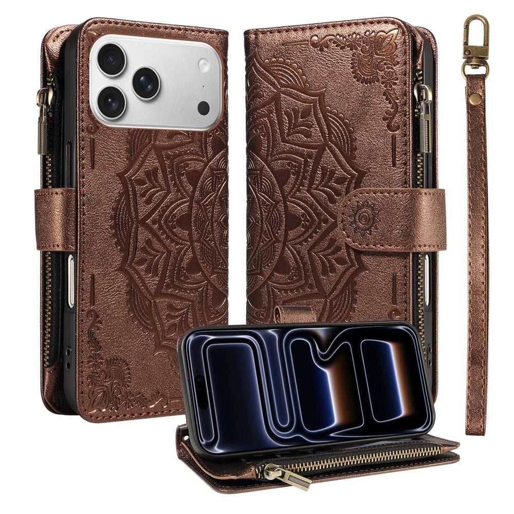 iPhone 17 Pro EIDERWOOD Flip Case with 9 x Card Holder - Zipper Pocket - RFDI Blocking - Strap - Brown