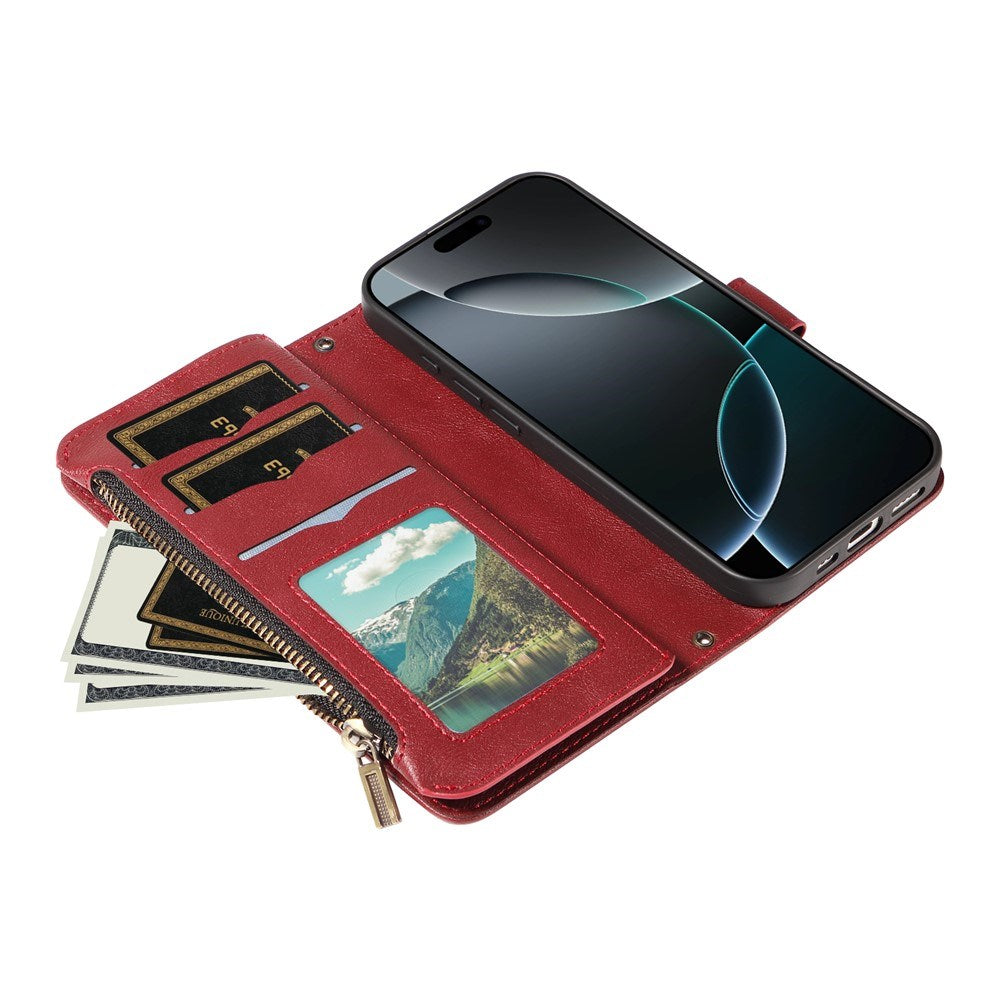 iPhone 17 Pro EIDERWOOD Flip Case with 9 x Card Holder - Zipper Pocket - RFDI Blocking - Strap - Red