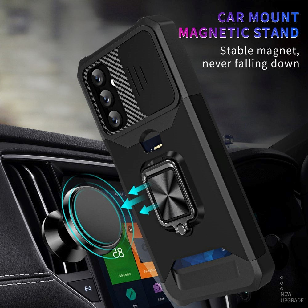 Samsung Galaxy A14 (5G) Tough Case w. Magnetic Kickstand, Card Holder & Cam Slider - Black