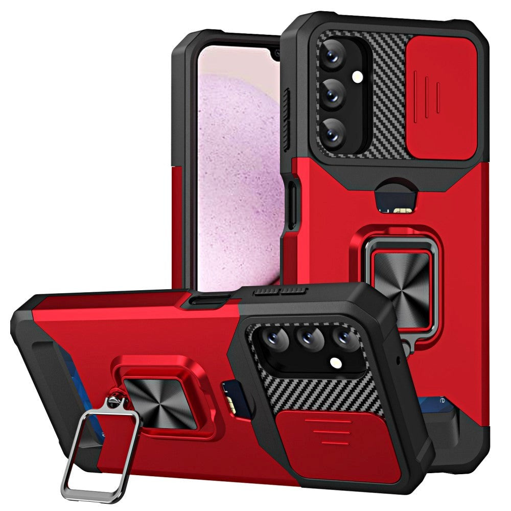 Samsung Galaxy A14 (5G) Tough Case w. Magnetic Kickstand, Card Holder & Cam Slider - Black / Red