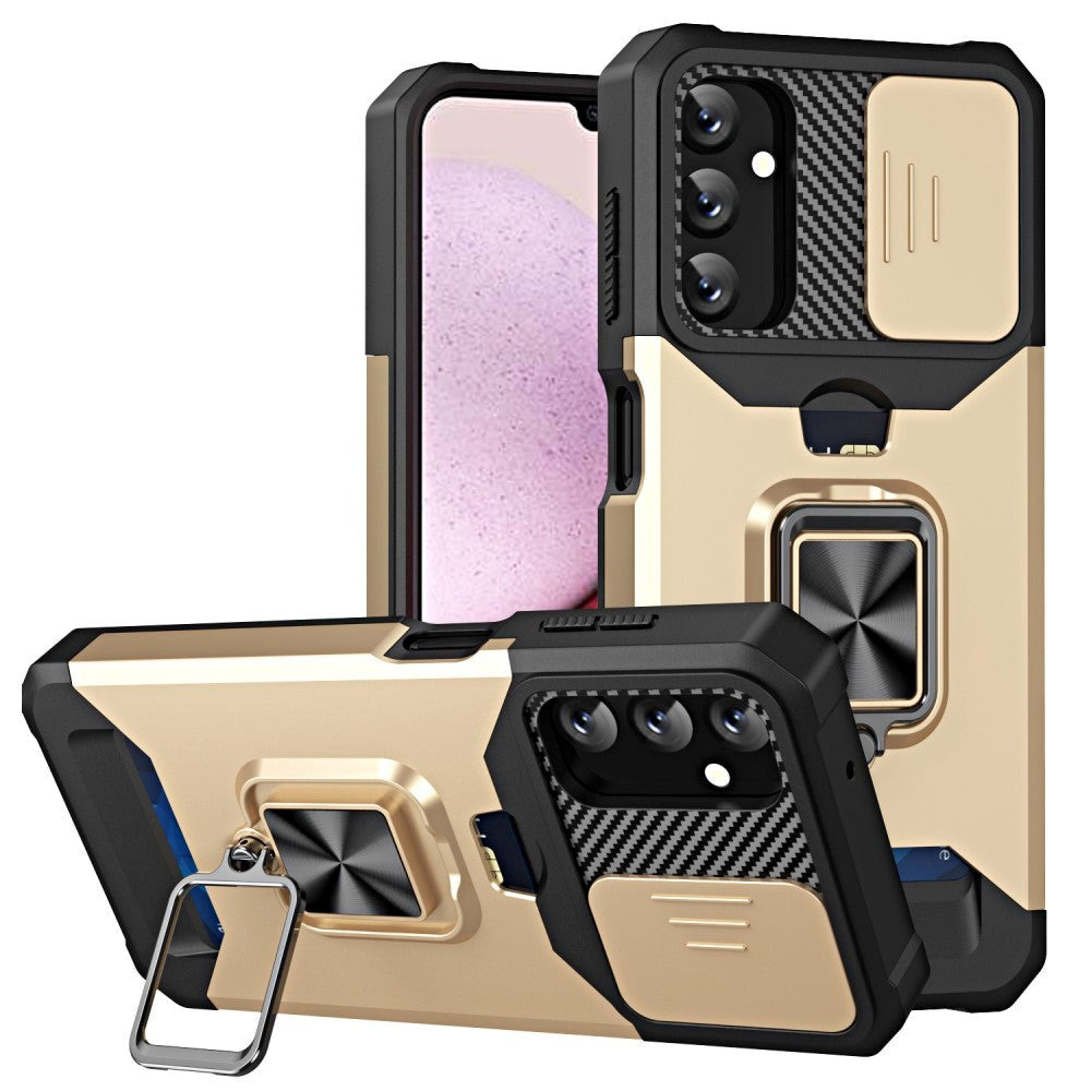 Samsung Galaxy A14 (5G) Tough Case w. Magnetic Kickstand, Card Holder & Cam Slider - Black / Gold