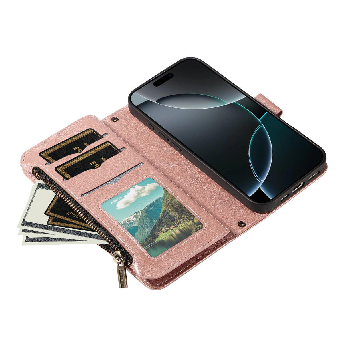 iPhone 17 EIDERWOOD Flip Case with 9 x Card Holder - Zipper Pocket - RFDI Blocking - Strap - Rose Gold