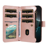 iPhone 17 EIDERWOOD Flip Case with 9 x Card Holder - Zipper Pocket - RFDI Blocking - Strap - Rose Gold