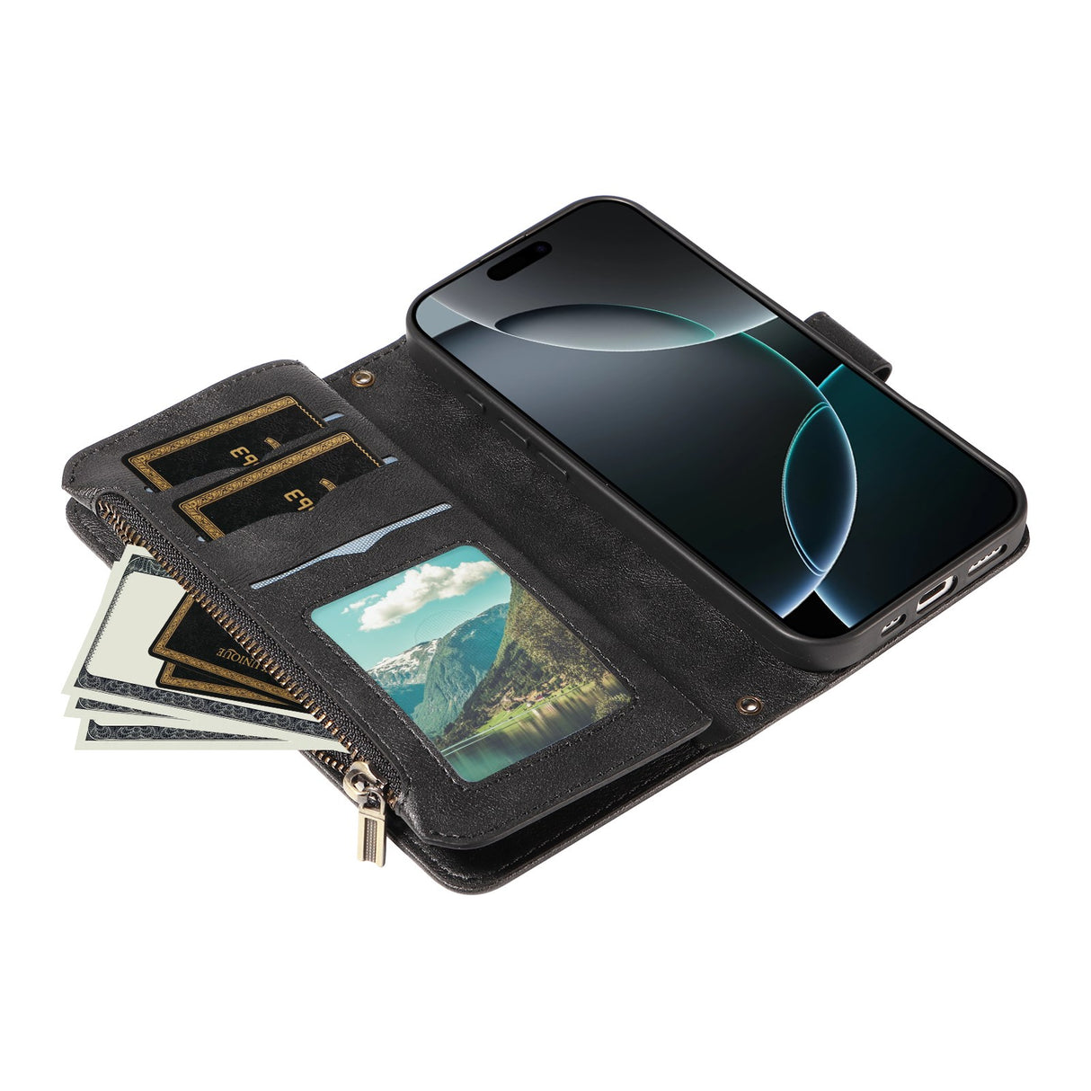 iPhone 17 EIDERWOOD Flip Case with 9 x Card Holder - Zipper Pocket - RFDI Blocking - Strap - Black