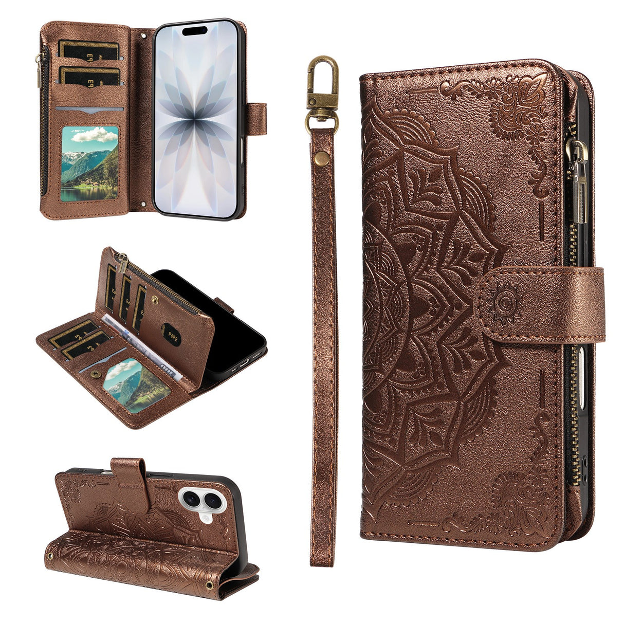 iPhone 17 EIDERWOOD Flip Case with 9 x Card Holder - Zipper Pocket - RFDI Blocking - Strap - Brown