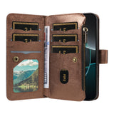 iPhone 17 EIDERWOOD Flip Case with 9 x Card Holder - Zipper Pocket - RFDI Blocking - Strap - Brown