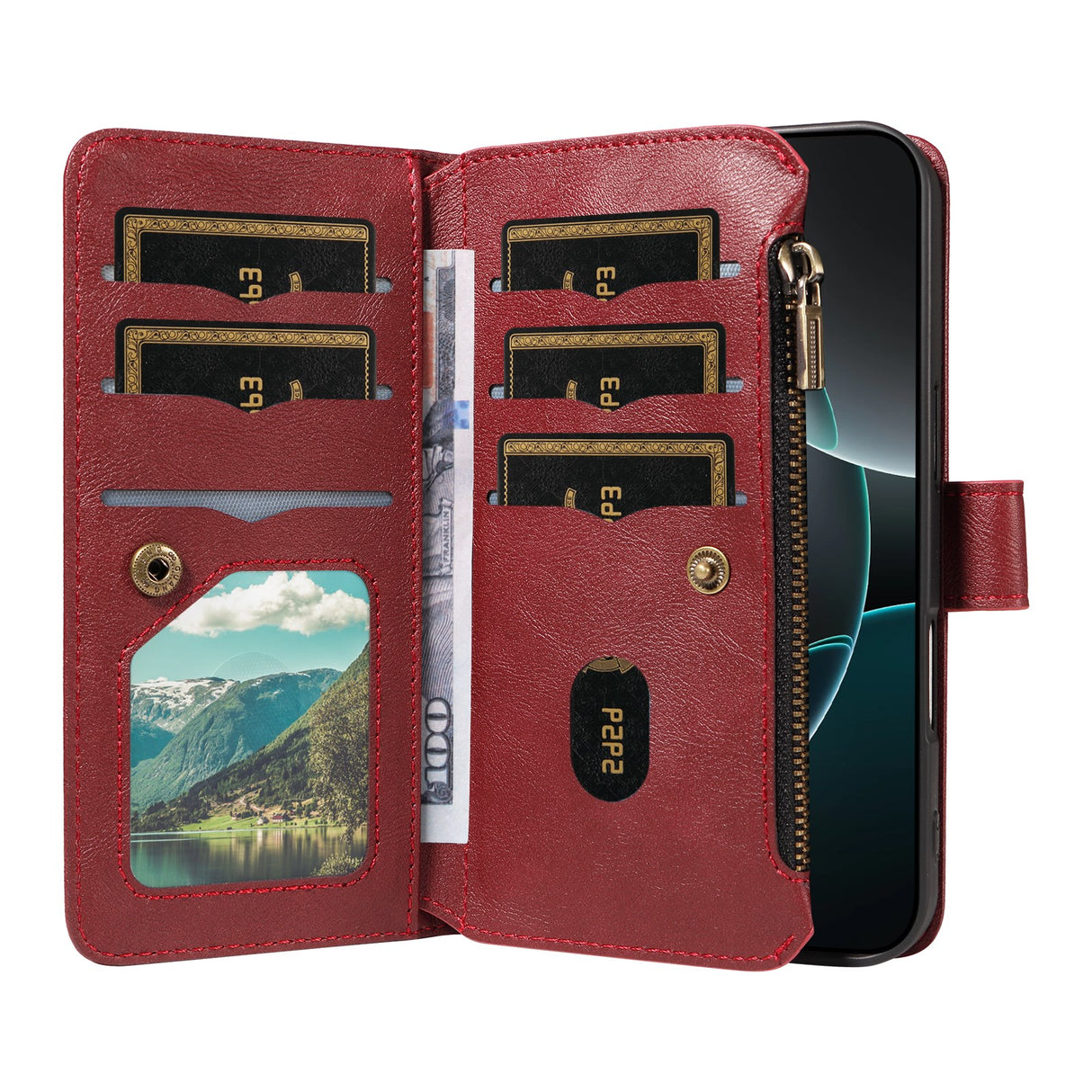 iPhone 17 EIDERWOOD Flip Case with 9 x Card Holder - Zipper Pocket - RFDI Blocking - Strap - Red