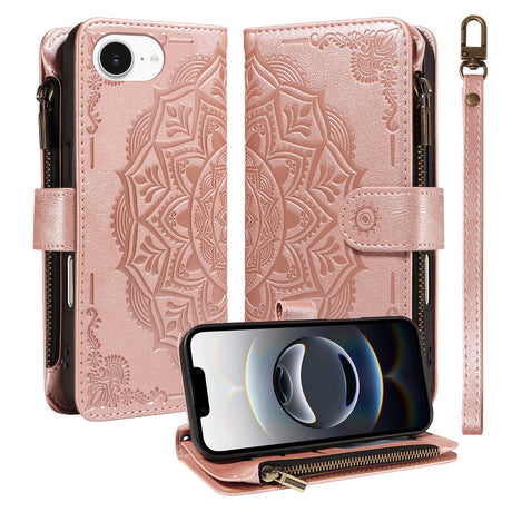 iPhone 17e / 16e EIDERWOOD Flip Case with 9 x Card Holder - Zipper Pocket - RFDI Blocking - Strap - Rose Gold