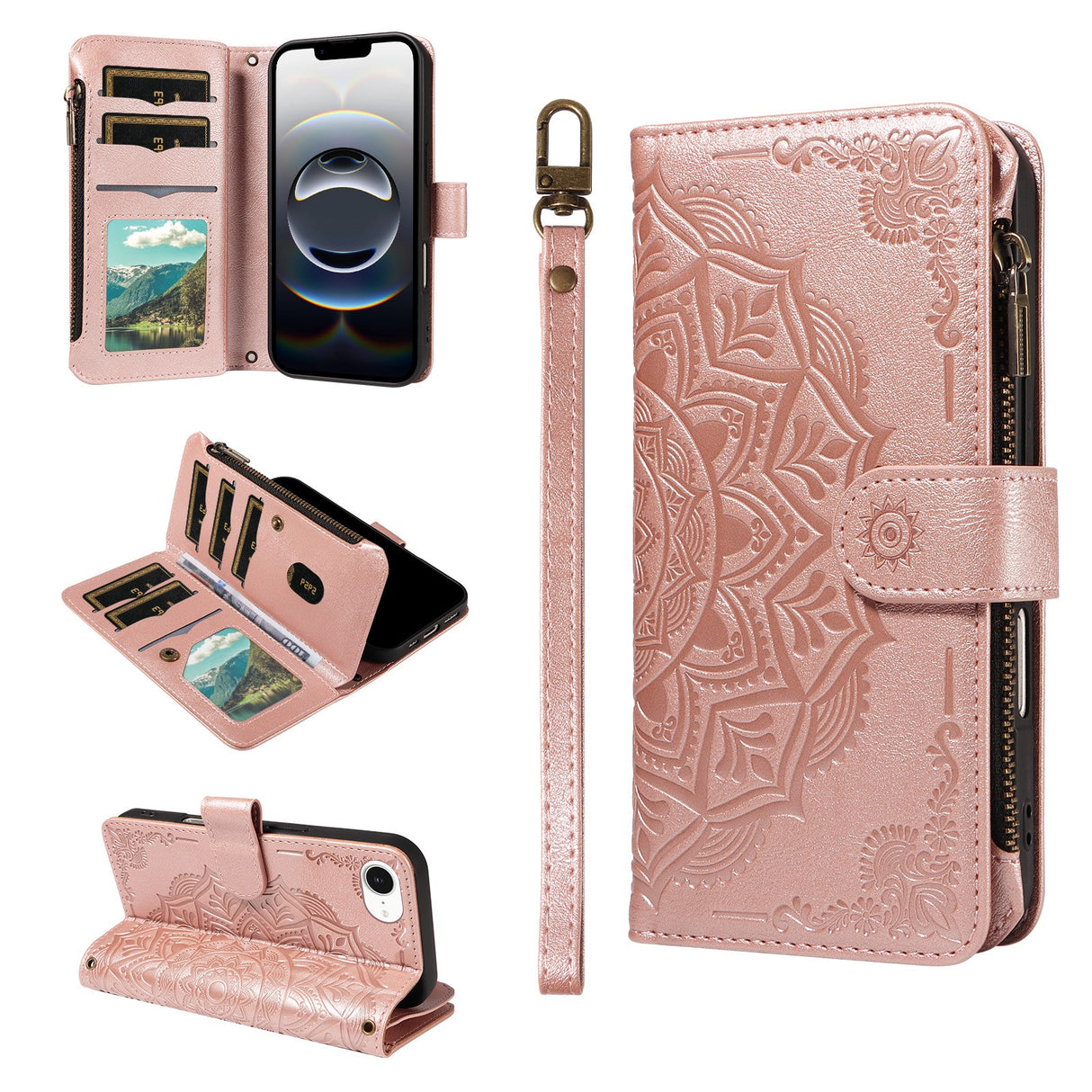 iPhone 17e / 16e EIDERWOOD Flip Case with 9 x Card Holder - Zipper Pocket - RFDI Blocking - Strap - Rose Gold