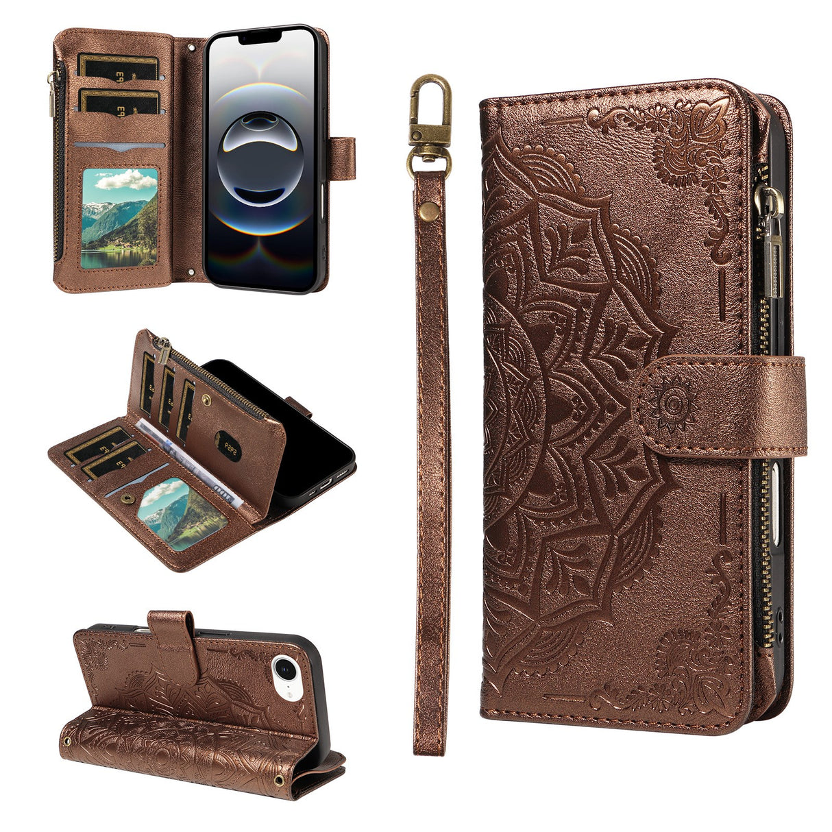 iPhone 17e / 16e EIDERWOOD Flip Case with 9 x Card Holder - Zipper Pocket - RFDI Blocking - Strap - Brown
