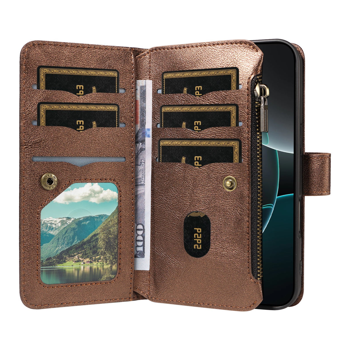 iPhone 17e / 16e EIDERWOOD Flip Case with 9 x Card Holder - Zipper Pocket - RFDI Blocking - Strap - Brown