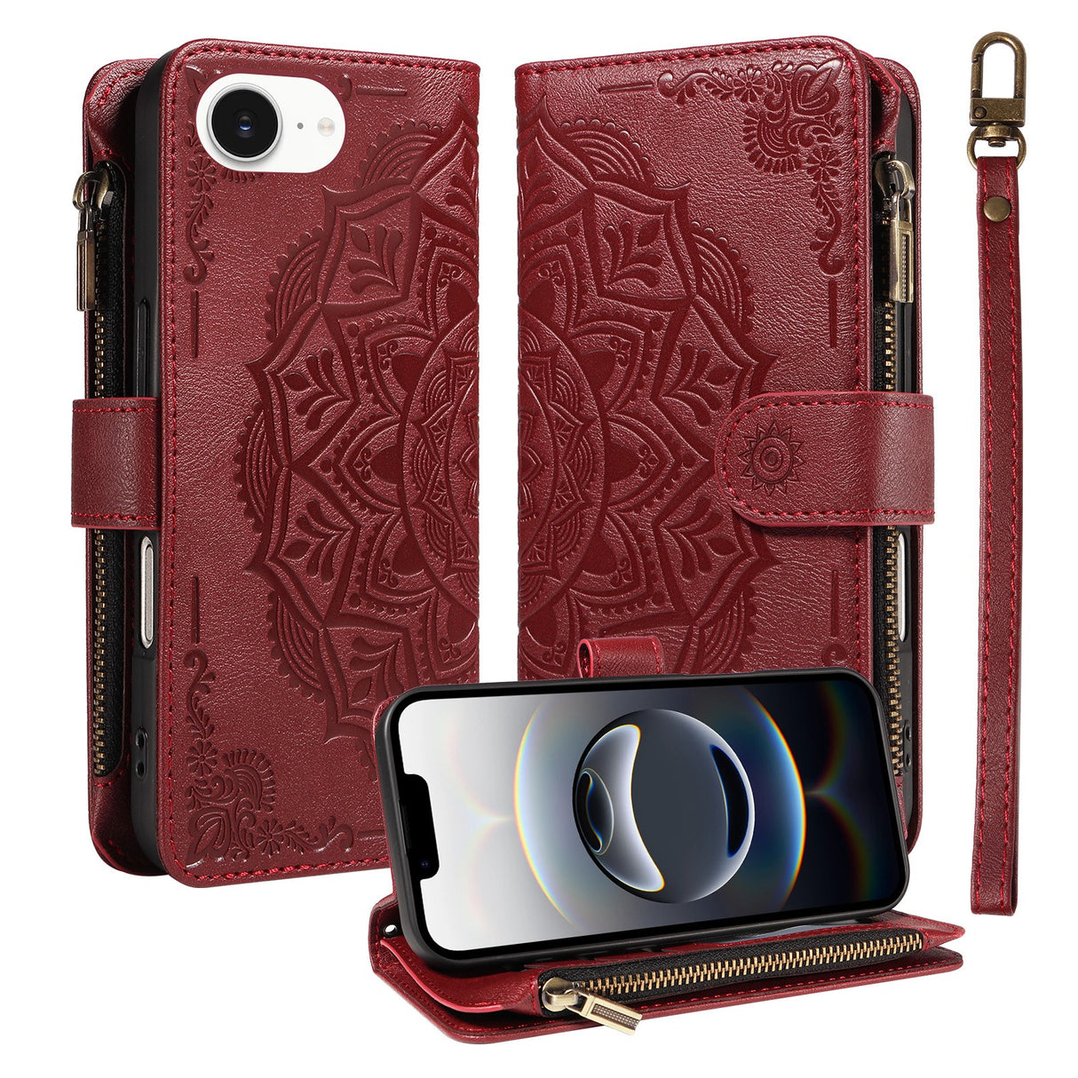 iPhone 17e / 16e EIDERWOOD Flip Case with 9 x Card Holder - Zipper Pocket - RFDI Blocking - Strap - Red