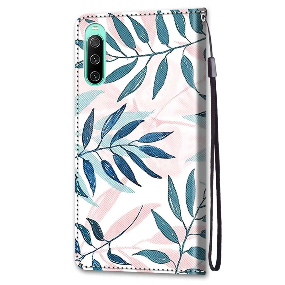 Sony Xperia 10 IV Leather Wallet Case w. Strap - Blue and Pink Leaves