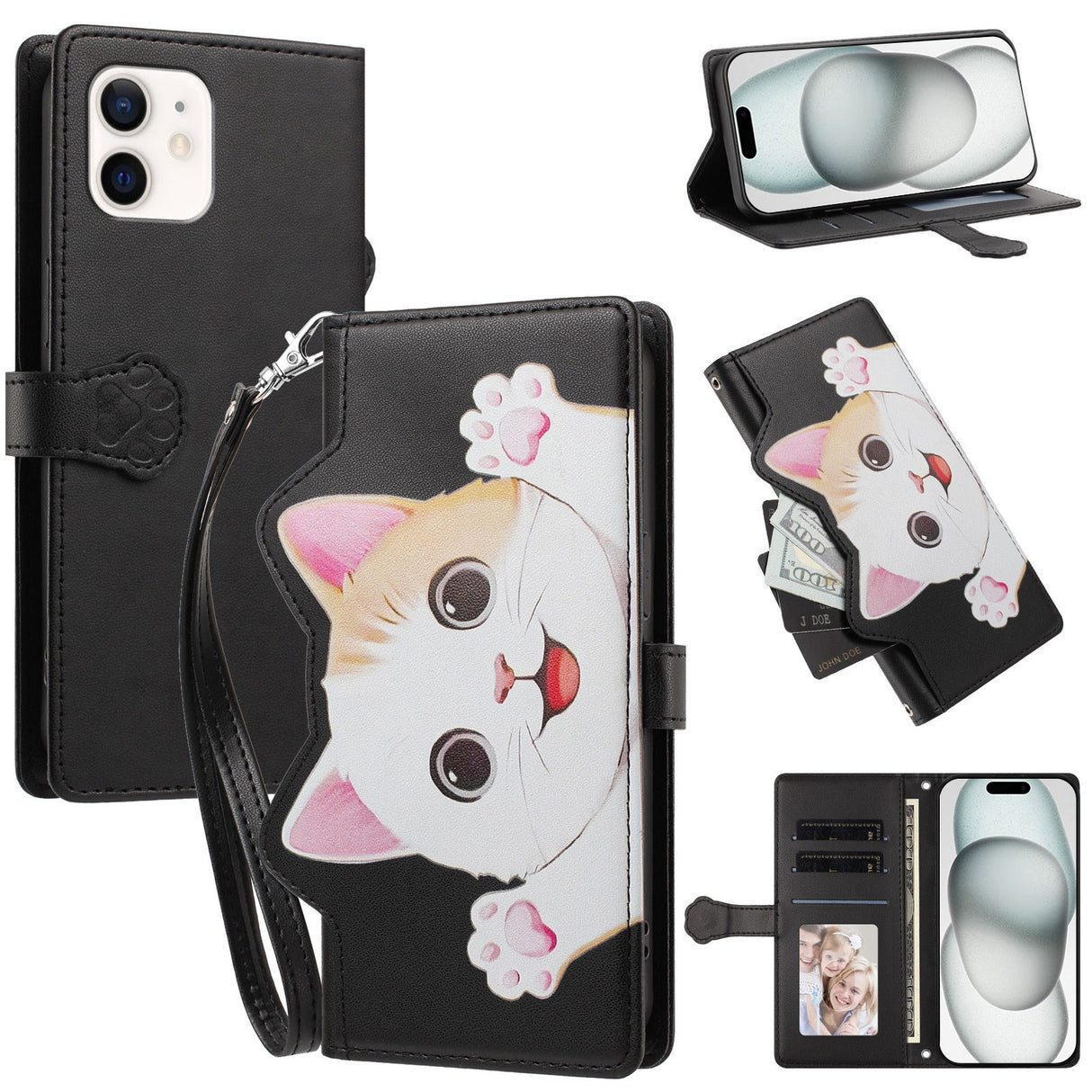 iPhone 12 / 12 Pro Flipcase with 3D Cat Ears - Card Holder & Stand Function - Black