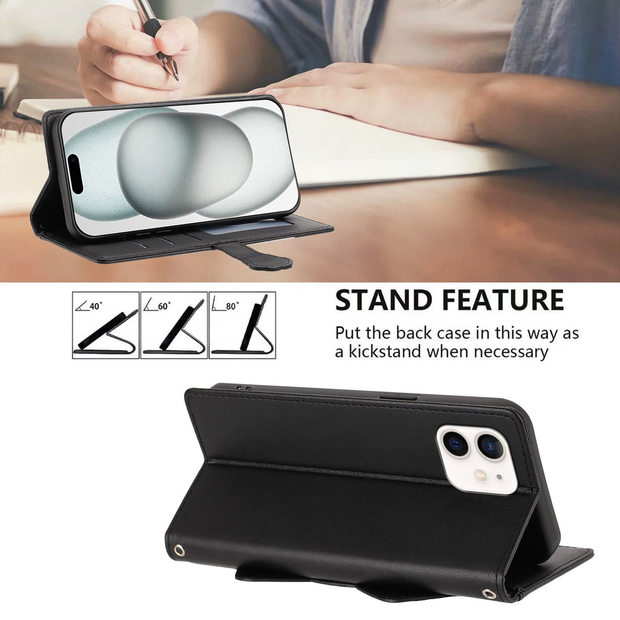 iPhone 12 / 12 Pro Flipcase with 3D Cat Ears - Card Holder & Stand Function - Black