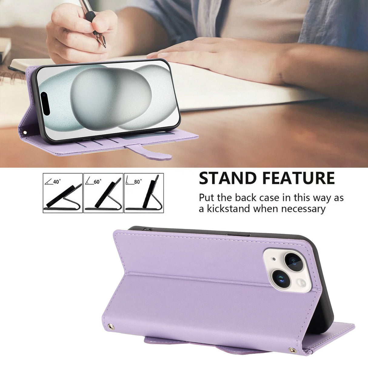 iPhone 14 / 13 Flipcase with 3D Cat Ears - Card Holder & Stand Function - Purple