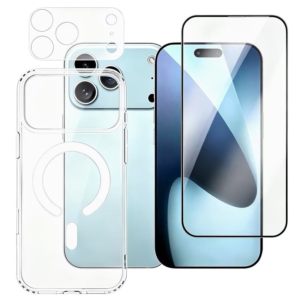 iPhone 18 Pro Max - 360° Protection set w. Screen Protection | MagSafe Case | Camera Lens Protection - Transparent / Black Edge