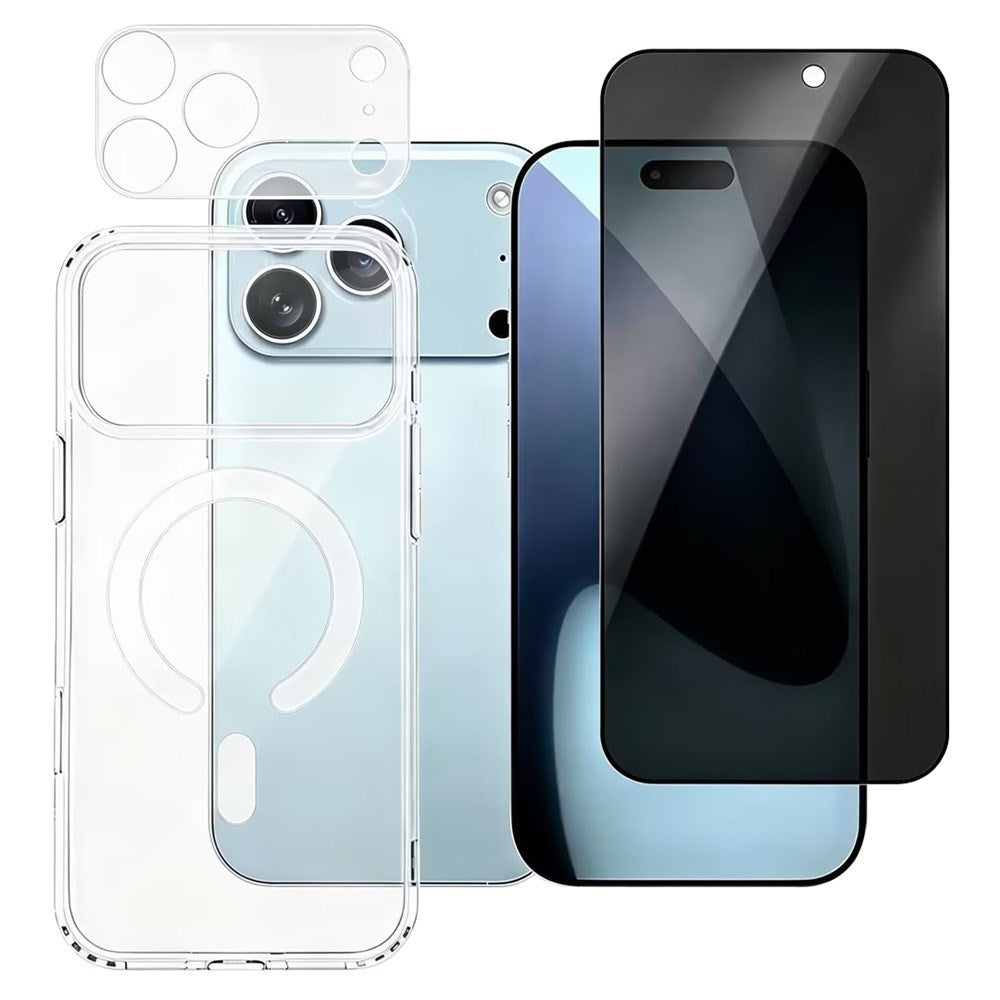 iPhone 18 Pro - 360° Protection set w. Privacy Screen Protection | MagSafe Case | Camera Lens Protection - Transparent / Black