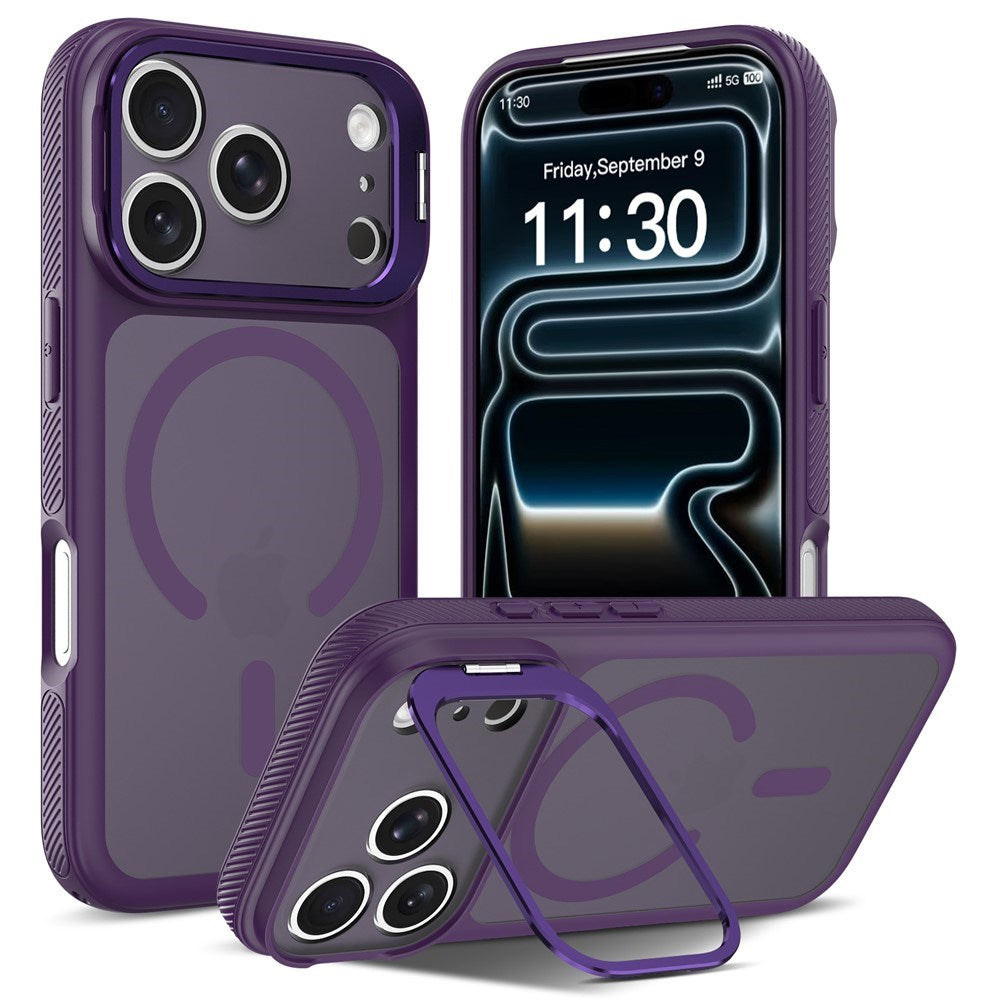 iPhone 18 Pro Max / 17 Pro Max Hybrid Plastic Case w. Shock-Absorbing Edges & Kickstand - MagSafe Compatible - Purple
