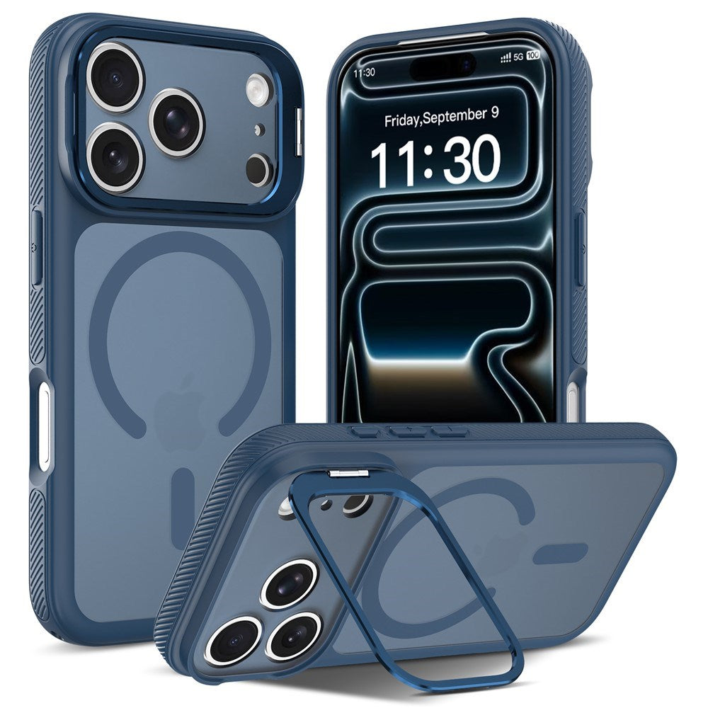 iPhone 18 Pro / 17 Pro Hybrid Plastic Case w. Shock-Absorbing Edges & Kickstand - MagSafe Compatible - Blue