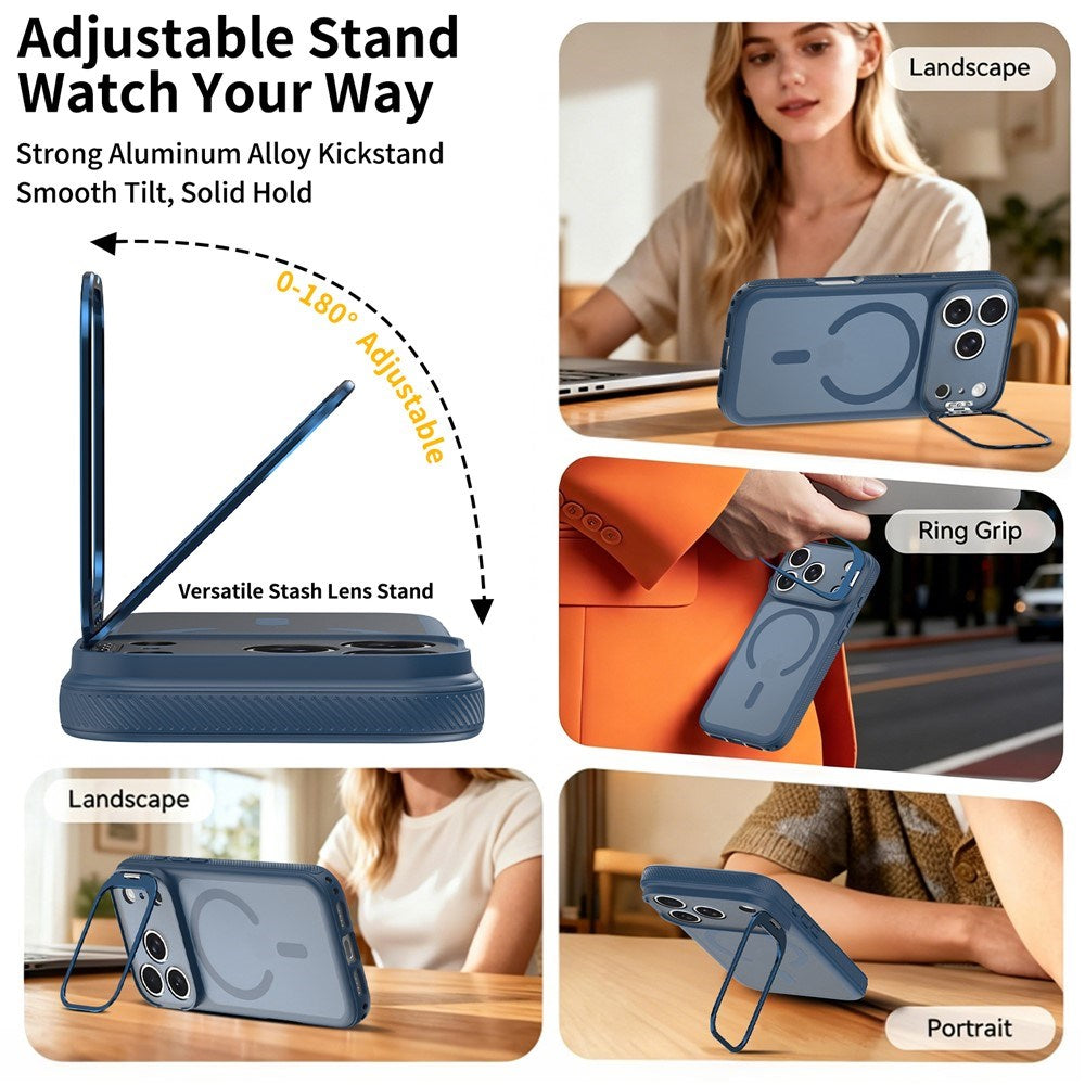 iPhone 18 Pro / 17 Pro Hybrid Plastic Case w. Shock-Absorbing Edges & Kickstand - MagSafe Compatible - Blue