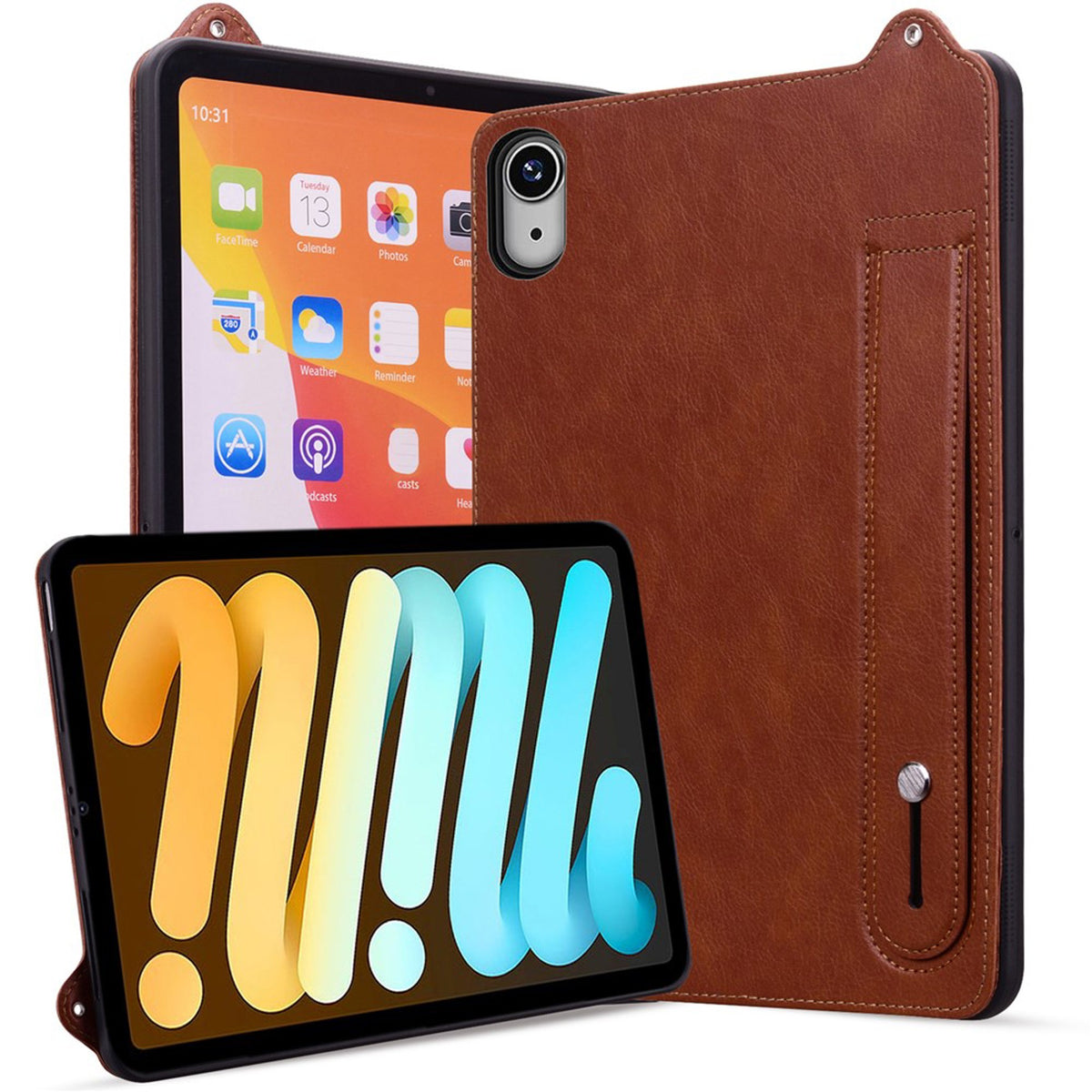 iPad Mini (2026) 8th Gen. EIDERWOOD Faux Leather Back Case with Strap Kickstand - Brown