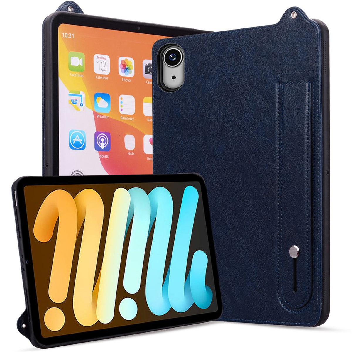 iPad Mini (2026) 8th Gen. EIDERWOOD Faux Leather Back Case with Strap Kickstand - Blue
