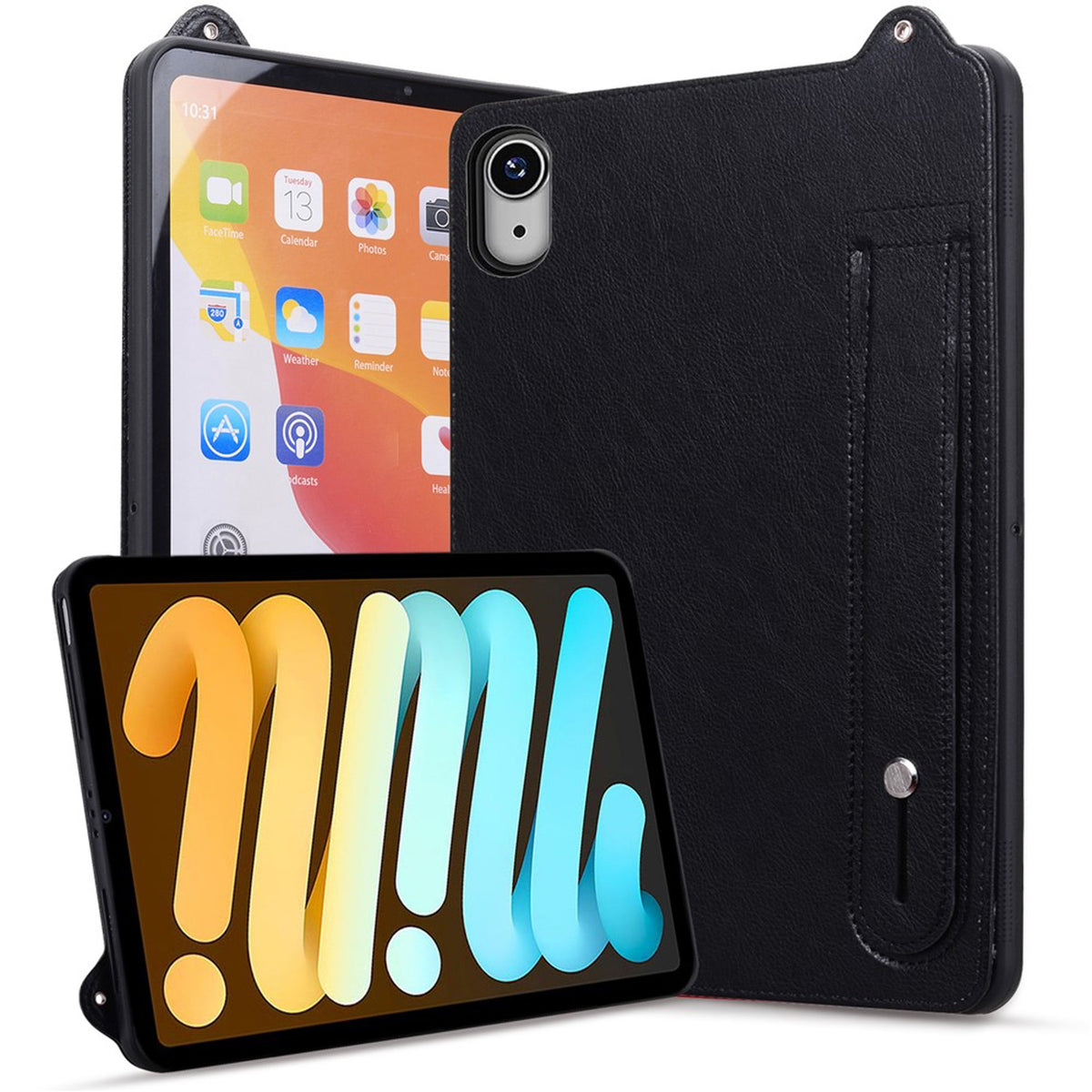 iPad Mini (2026) 8th Gen. EIDERWOOD Faux Leather Back Case with Strap Kickstand - Black