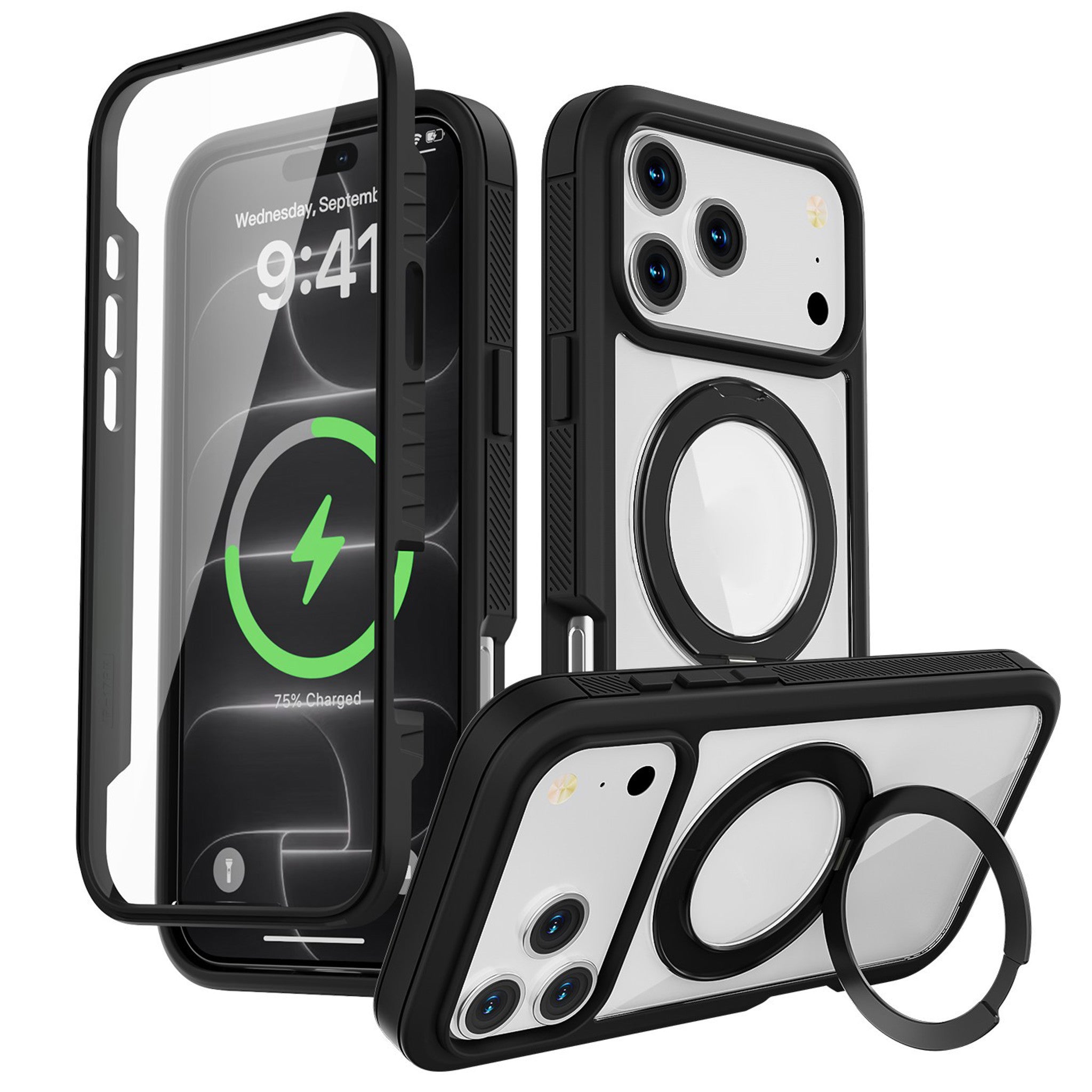 iPhone 18 Pro Max / 17 Pro Max EIDERWOOD Case with Screen Protector and Stand Function - MagSafe Compatible - Black / Transparent