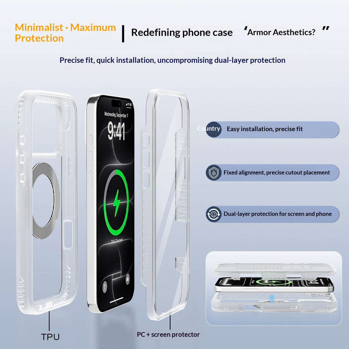 iPhone 18 Pro / 17 Pro EIDERWOOD Case with Screen Protector and Stand Function - MagSafe Compatible - White / Transparent