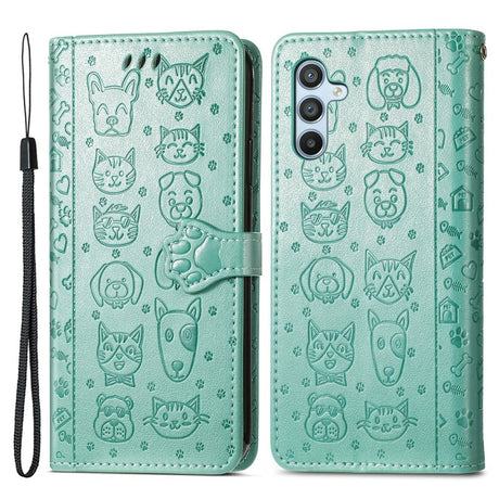 Samsung Galaxy A54 (5G) Leather Flip Case with Wallet and Strap - Dogs & Cats - Green