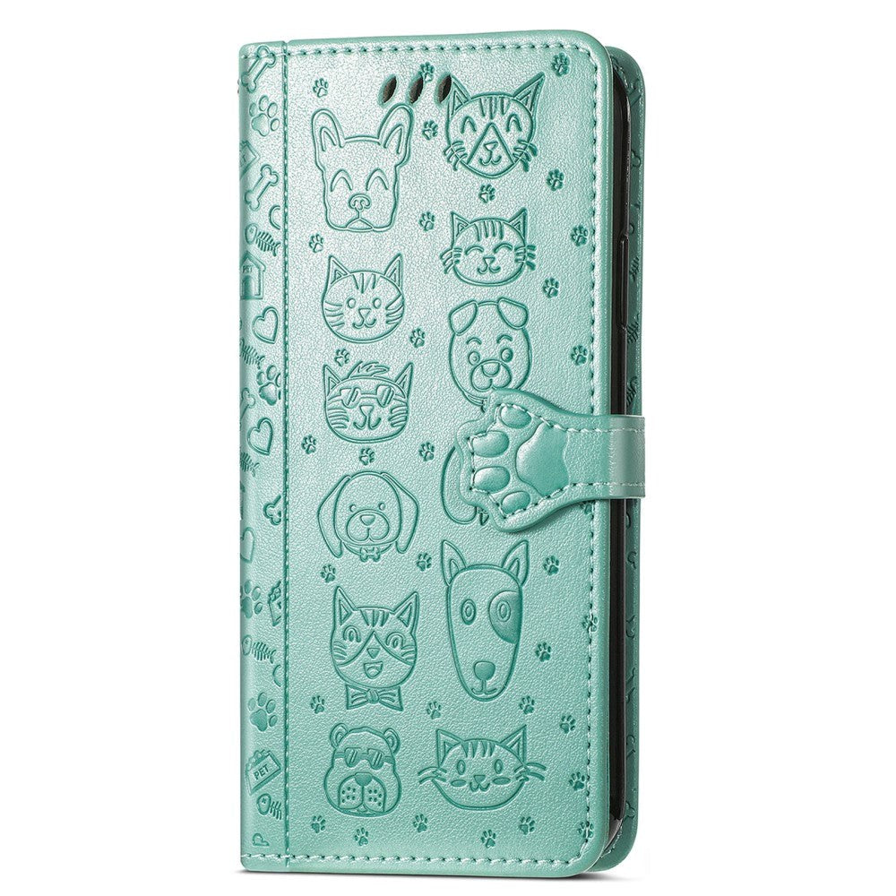 Samsung Galaxy A54 (5G) Leather Flip Case with Wallet and Strap - Dogs & Cats - Green