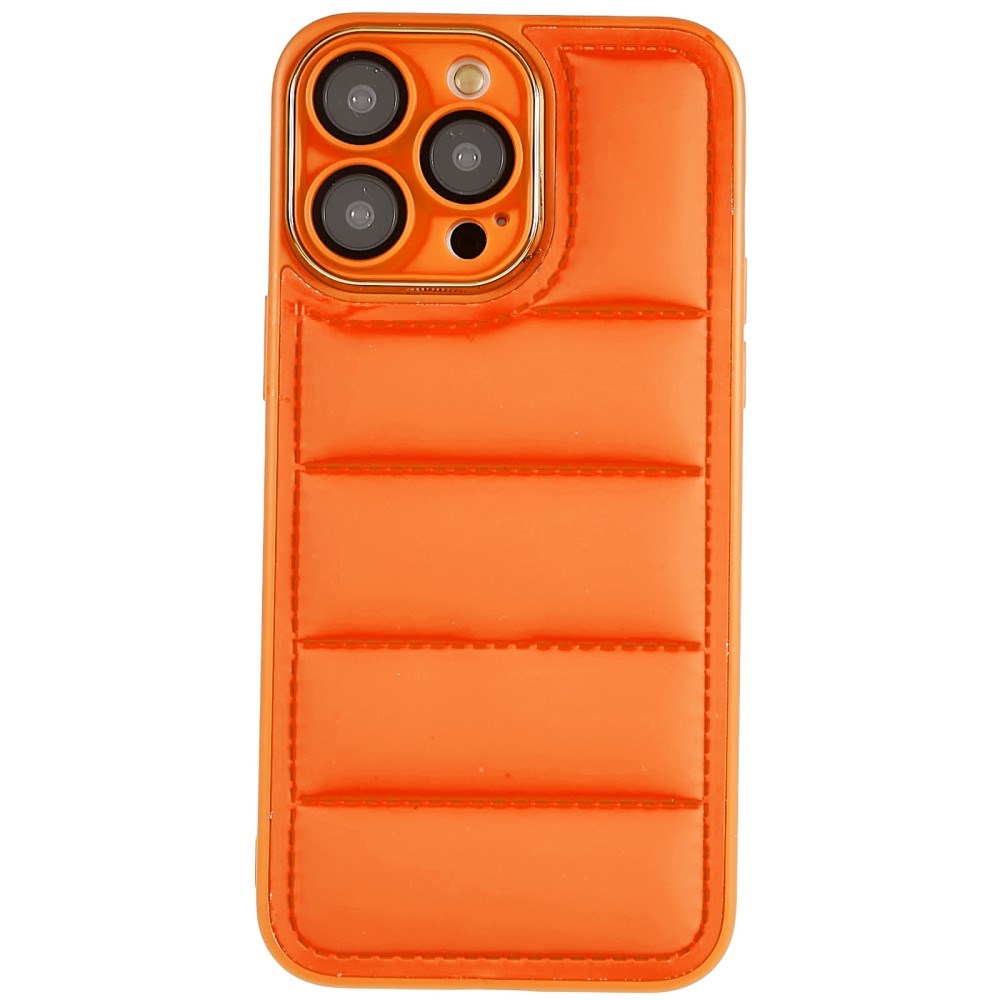 iPhone 14 Pro Max Leather Covered 3D Plastic Back Case w. Camera Lens Protection - Orange