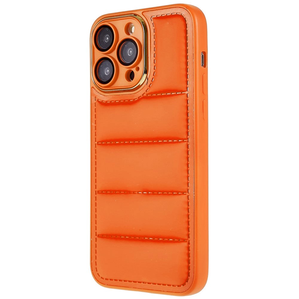 iPhone 14 Pro Max Leather Covered 3D Plastic Back Case w. Camera Lens Protection - Orange