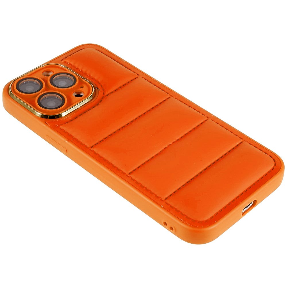 iPhone 14 Pro Max Leather Covered 3D Plastic Back Case w. Camera Lens Protection - Orange