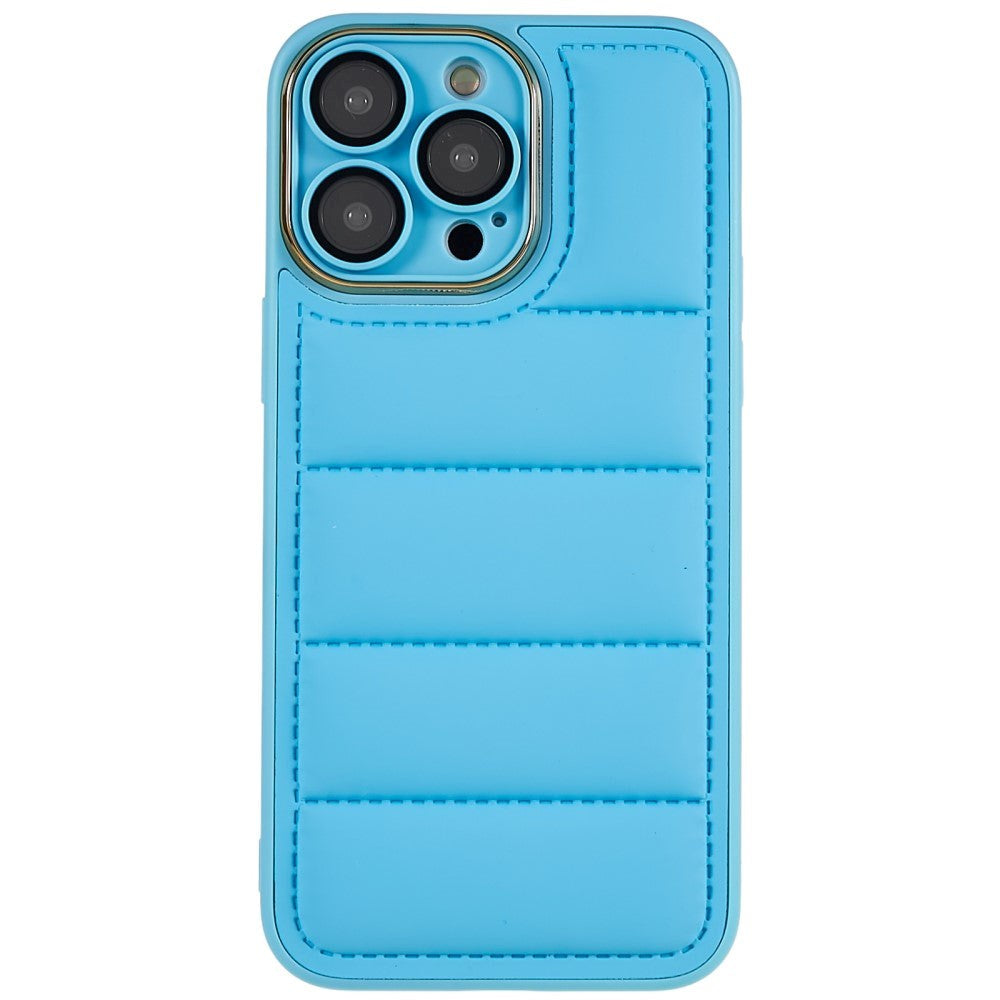 iPhone 14 Pro Max Leather Covered 3D Plastic Back Case w. Camera Lens Protection - Blue